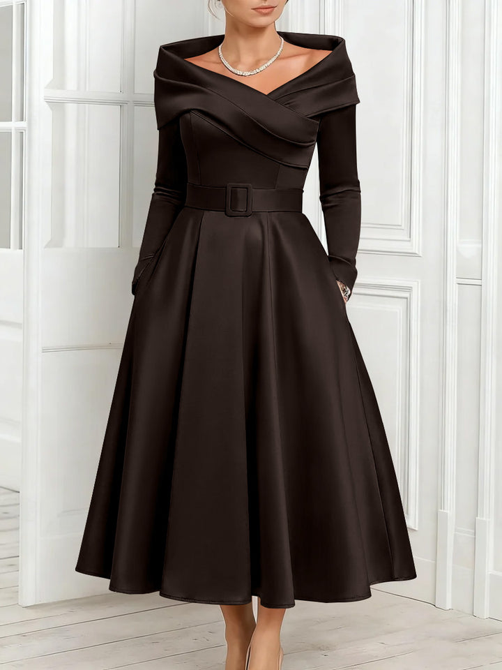 A-Line/Princess Off-the-Shoulder Mother of the Bride Dresses Stretch Satin Belt Ankle-Length Long Sleeves