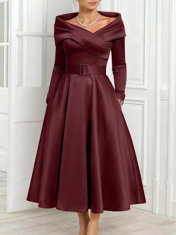 A-Line/Princess Off-the-Shoulder Mother of the Bride Dresses Stretch Satin Belt Ankle-Length Long Sleeves