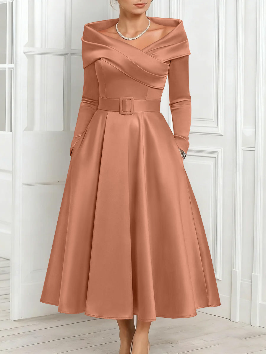 A-Line/Princess Off-the-Shoulder Mother of the Bride Dresses Stretch Satin Belt Ankle-Length Long Sleeves