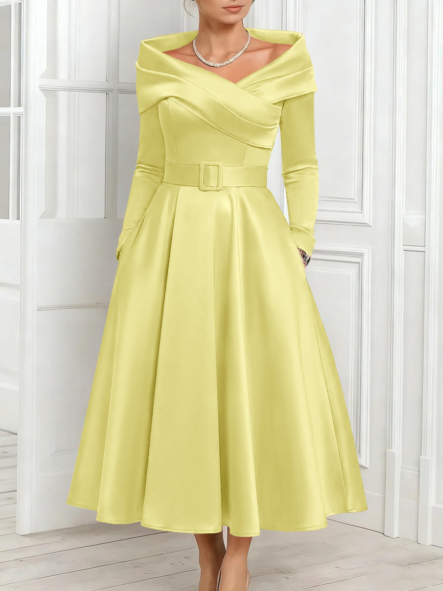 A-Line/Princess Off-the-Shoulder Mother of the Bride Dresses Stretch Satin Belt Ankle-Length Long Sleeves