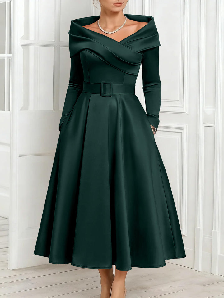 A-Line/Princess Off-the-Shoulder Mother of the Bride Dresses Stretch Satin Belt Ankle-Length Long Sleeves