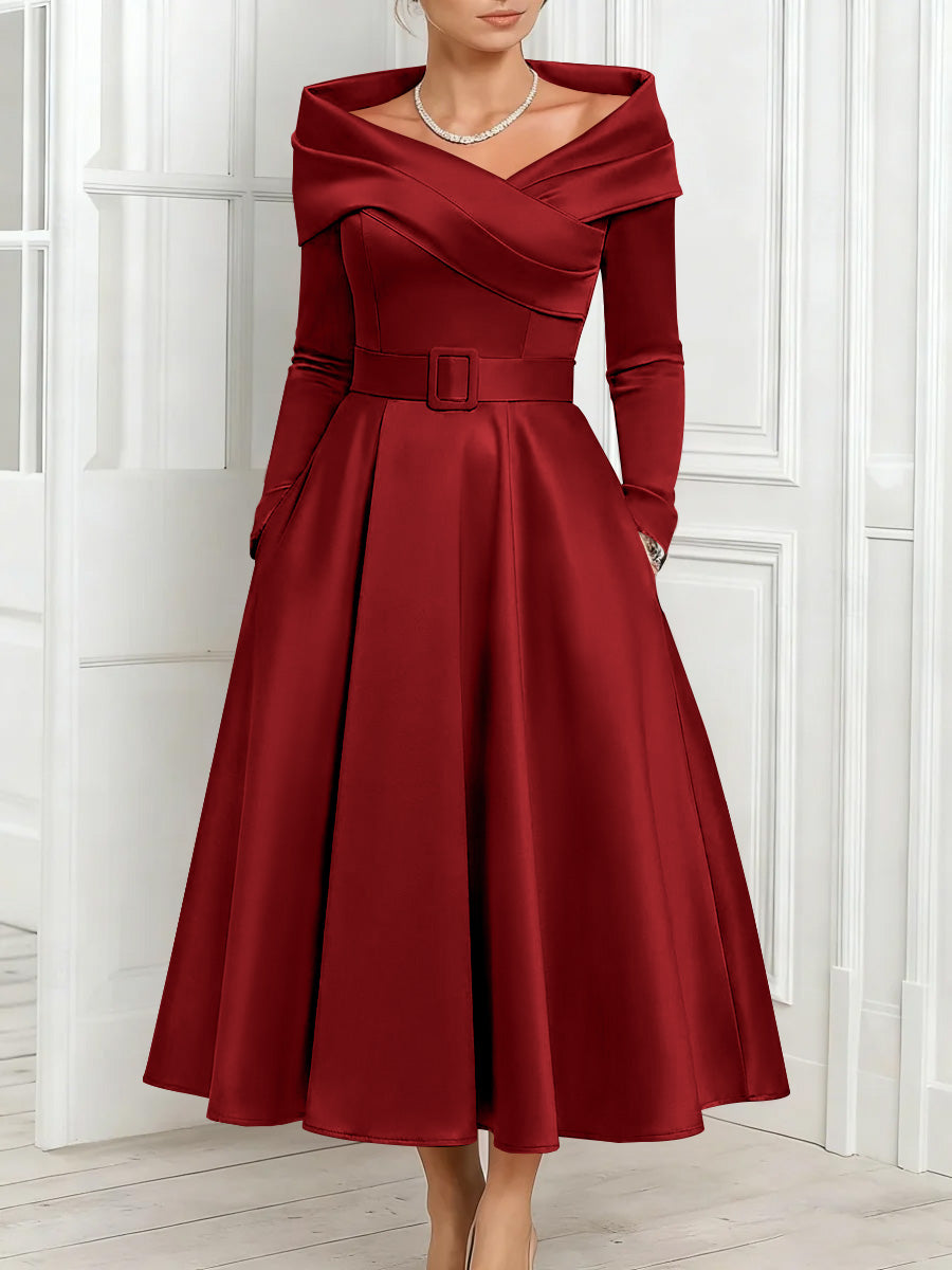 A-Line/Princess Off-the-Shoulder Mother of the Bride Dresses Stretch Satin Belt Ankle-Length Long Sleeves