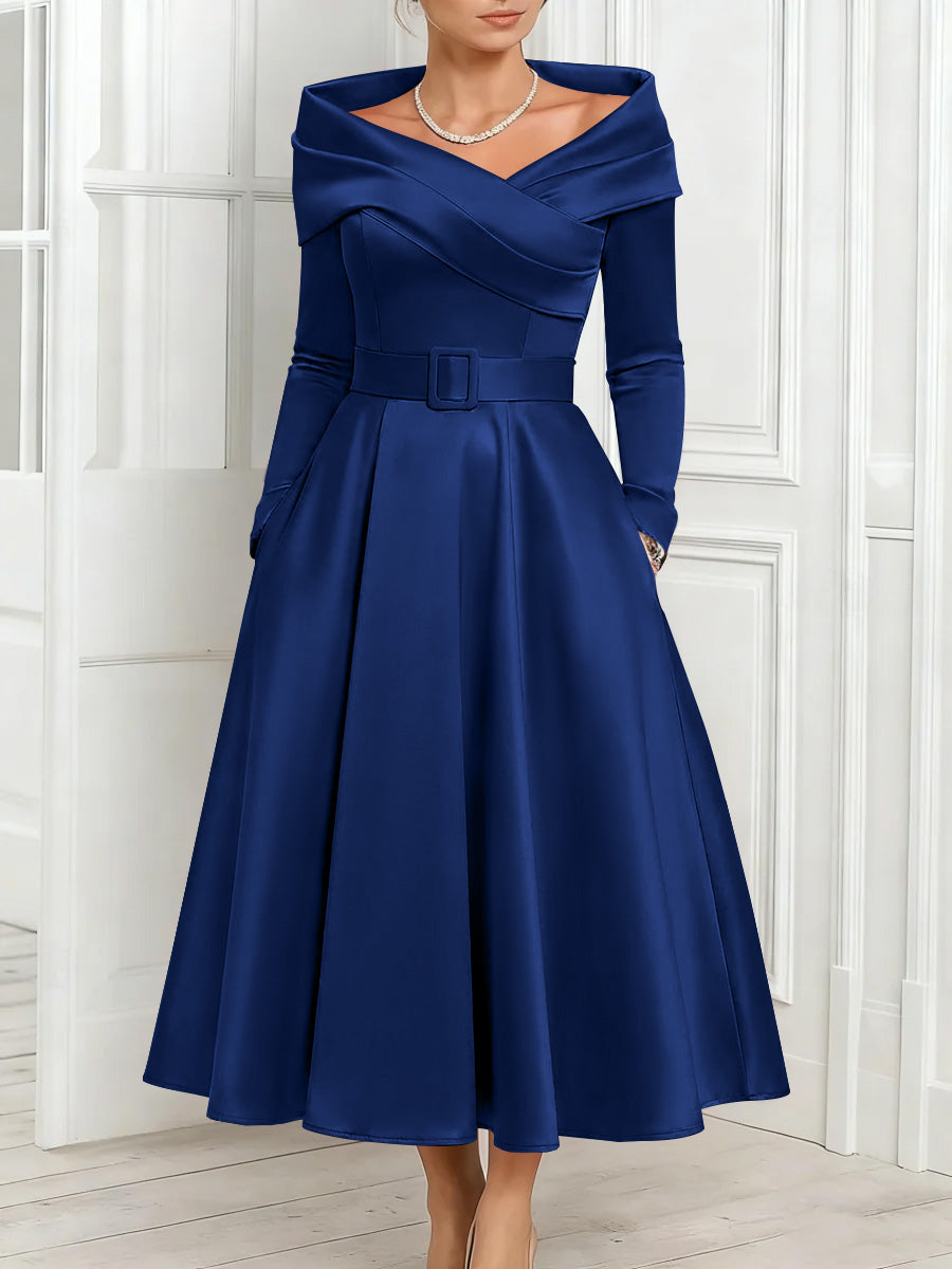 A-Line/Princess Off-the-Shoulder Mother of the Bride Dresses Stretch Satin Belt Ankle-Length Long Sleeves