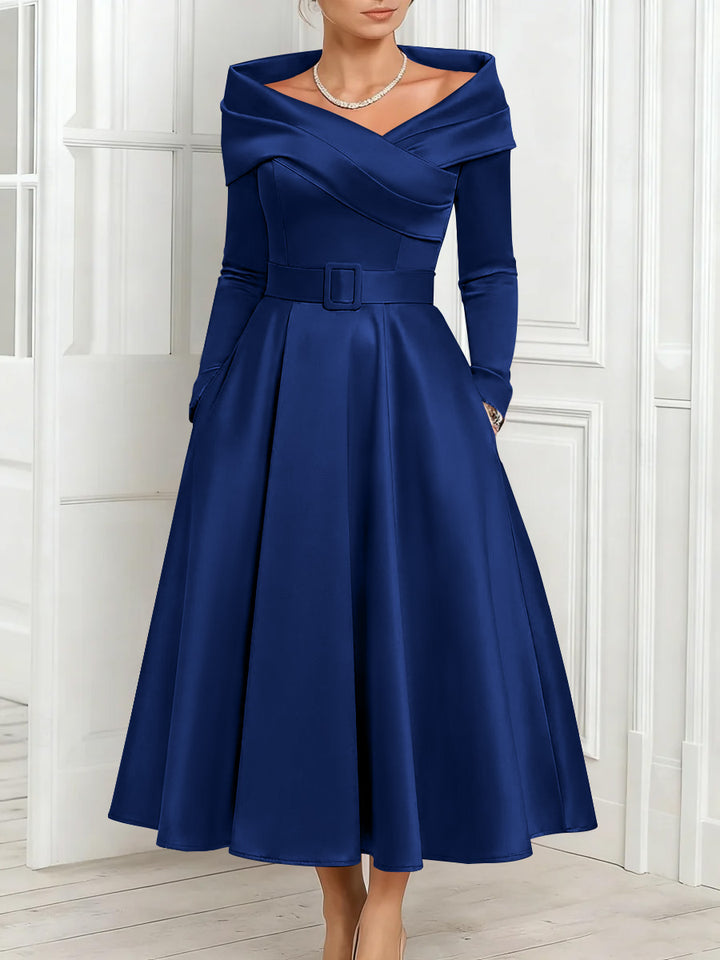 A-Line/Princess Off-the-Shoulder Mother of the Bride Dresses Stretch Satin Belt Ankle-Length Long Sleeves