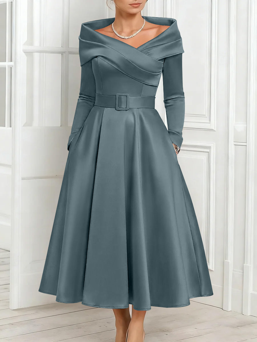A-Line/Princess Off-the-Shoulder Mother of the Bride Dresses Stretch Satin Belt Ankle-Length Long Sleeves