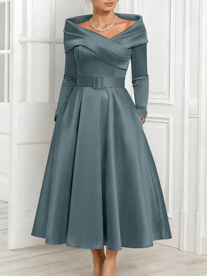 A-Line/Princess Off-the-Shoulder Mother of the Bride Dresses Stretch Satin Belt Ankle-Length Long Sleeves