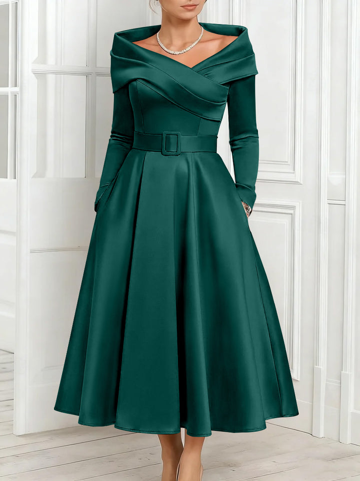 A-Line/Princess Off-the-Shoulder Mother of the Bride Dresses Stretch Satin Belt Ankle-Length Long Sleeves