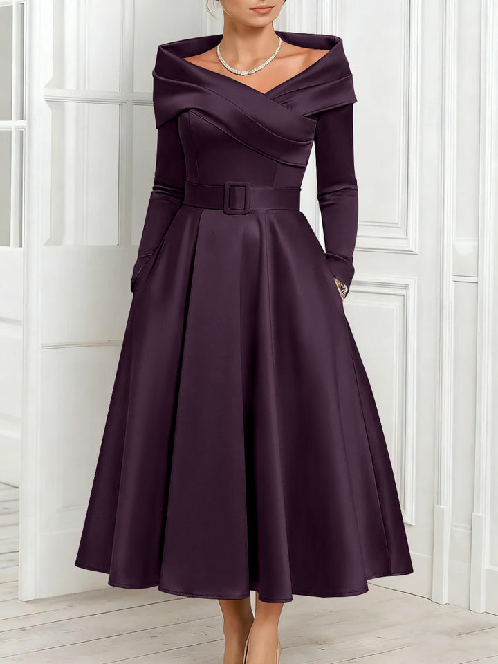 A-Line/Princess Off-the-Shoulder Mother of the Bride Dresses Stretch Satin Belt Ankle-Length Long Sleeves