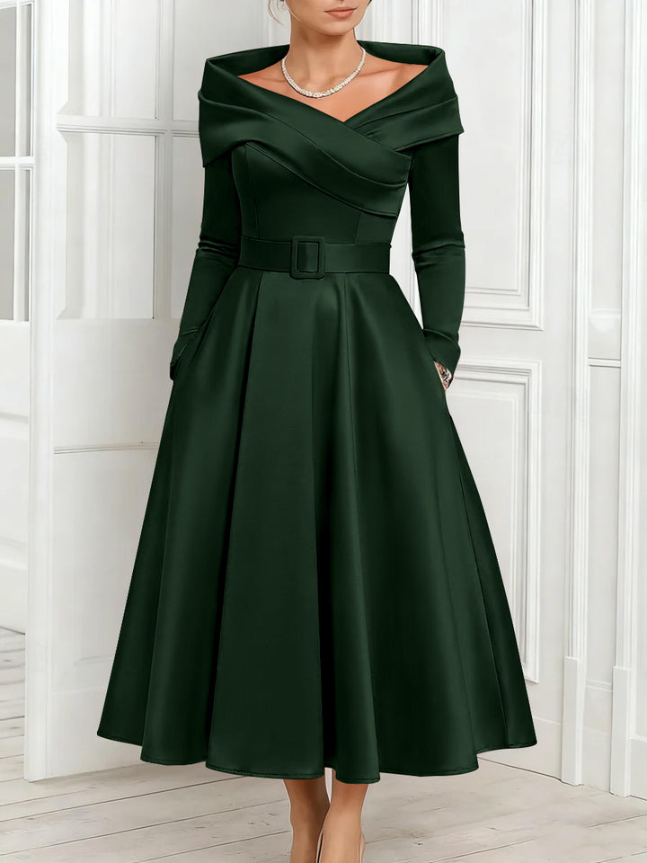 A-Line/Princess Off-the-Shoulder Mother of the Bride Dresses Stretch Satin Belt Ankle-Length Long Sleeves