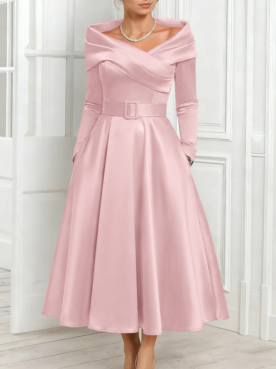 A-Line/Princess Off-the-Shoulder Mother of the Bride Dresses Stretch Satin Belt Ankle-Length Long Sleeves