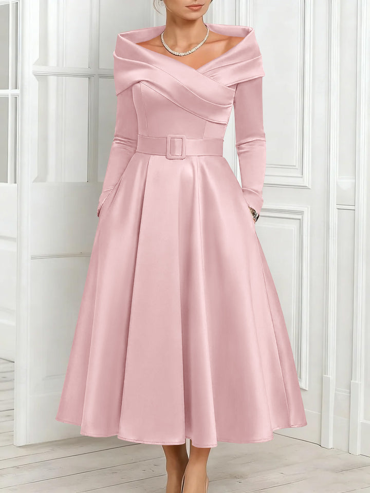 A-Line/Princess Off-the-Shoulder Mother of the Bride Dresses Stretch Satin Belt Ankle-Length Long Sleeves