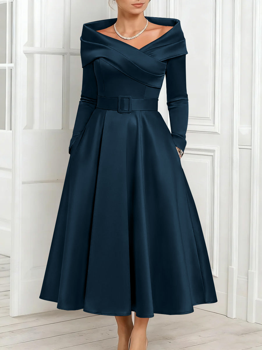 A-Line/Princess Off-the-Shoulder Mother of the Bride Dresses Stretch Satin Belt Ankle-Length Long Sleeves Ink Blue A-Line/Princess Off-the-Shoulder Mother of the Bride Dresses Stretch Satin Belt Ankle-Length Long Sleeves Ink Blue