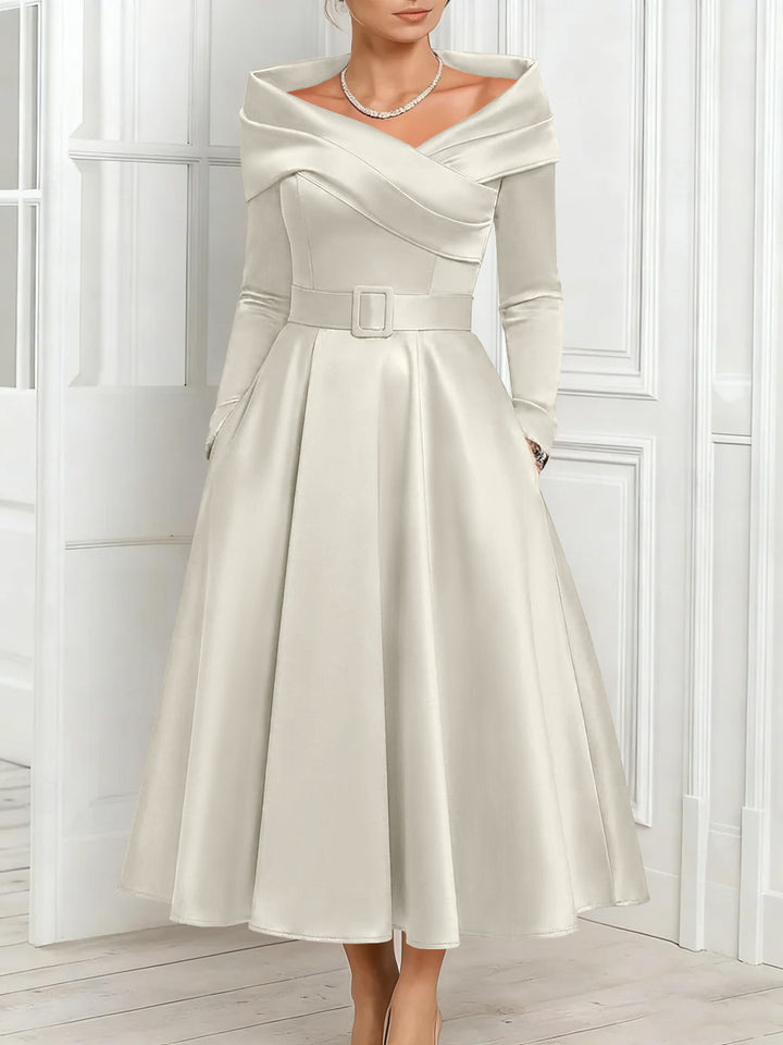 A-Line/Princess Off-the-Shoulder Mother of the Bride Dresses Stretch Satin Belt Ankle-Length Long Sleeves