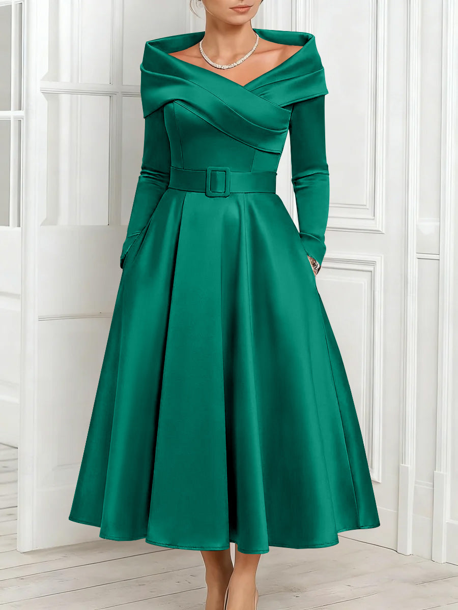 A-Line/Princess Off-the-Shoulder Mother of the Bride Dresses Stretch Satin Belt Ankle-Length Long Sleeves