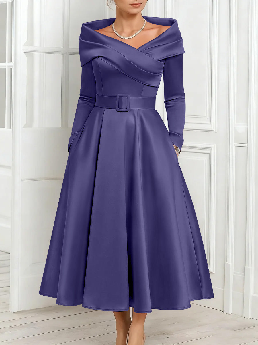 A-Line/Princess Off-the-Shoulder Mother of the Bride Dresses Stretch Satin Belt Ankle-Length Long Sleeves Lavender A-Line/Princess Off-the-Shoulder Mother of the Bride Dresses Stretch Satin Belt Ankle-Length Long Sleeves Lavender