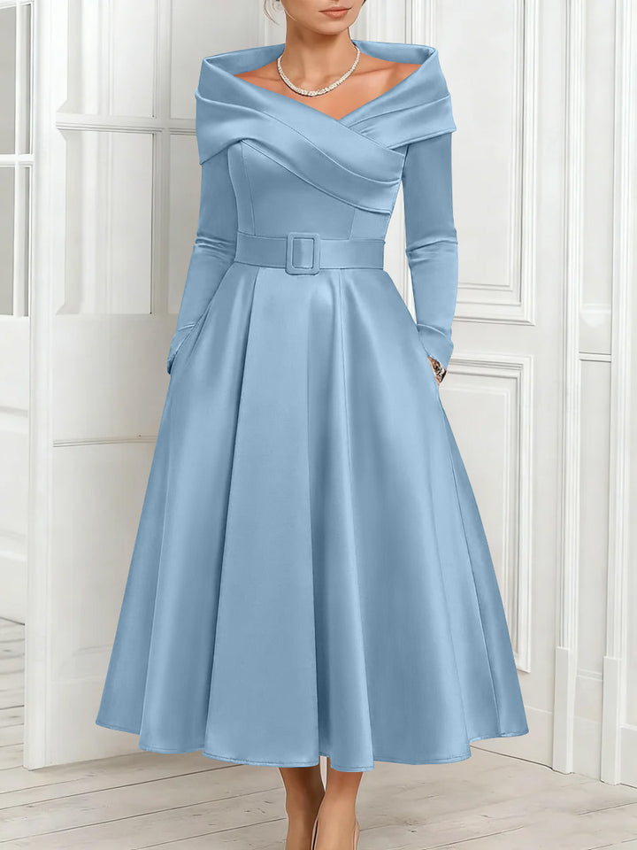 A-Line/Princess Off-the-Shoulder Mother of the Bride Dresses Stretch Satin Belt Ankle-Length Long Sleeves