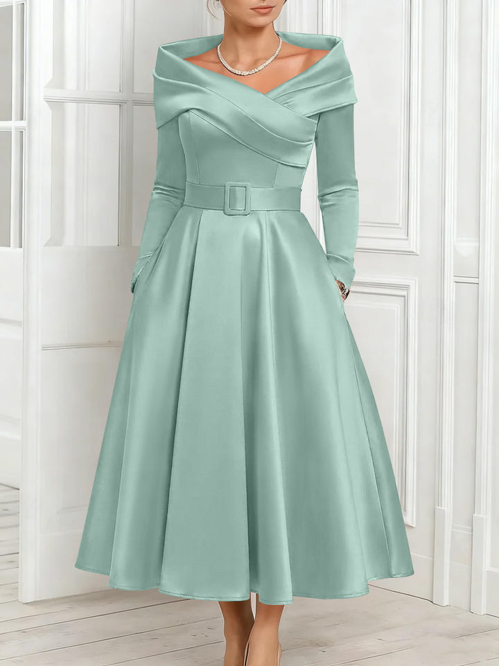 A-Line/Princess Off-the-Shoulder Mother of the Bride Dresses Stretch Satin Belt Ankle-Length Long Sleeves