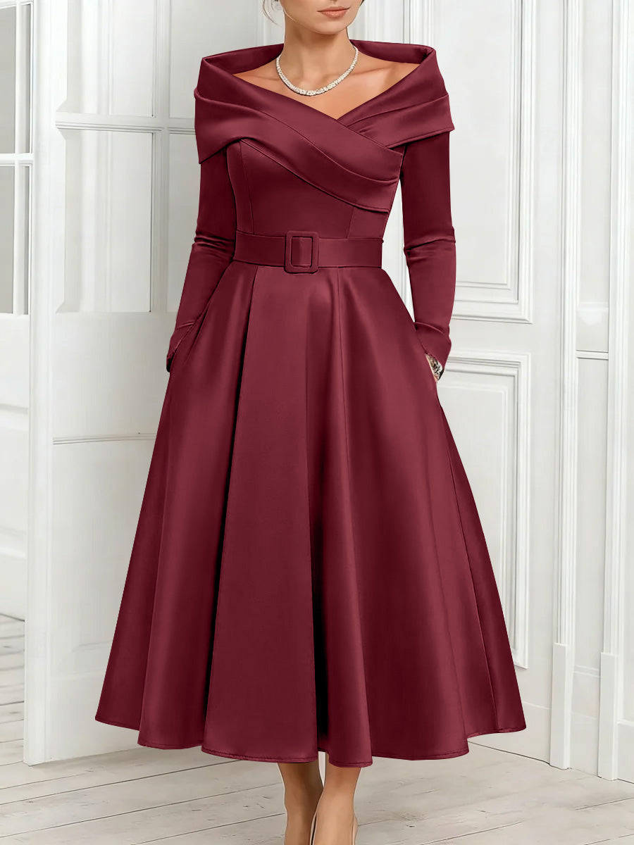 A-Line/Princess Off-the-Shoulder Mother of the Bride Dresses Satin Belt Ankle-Length Long Sleeves