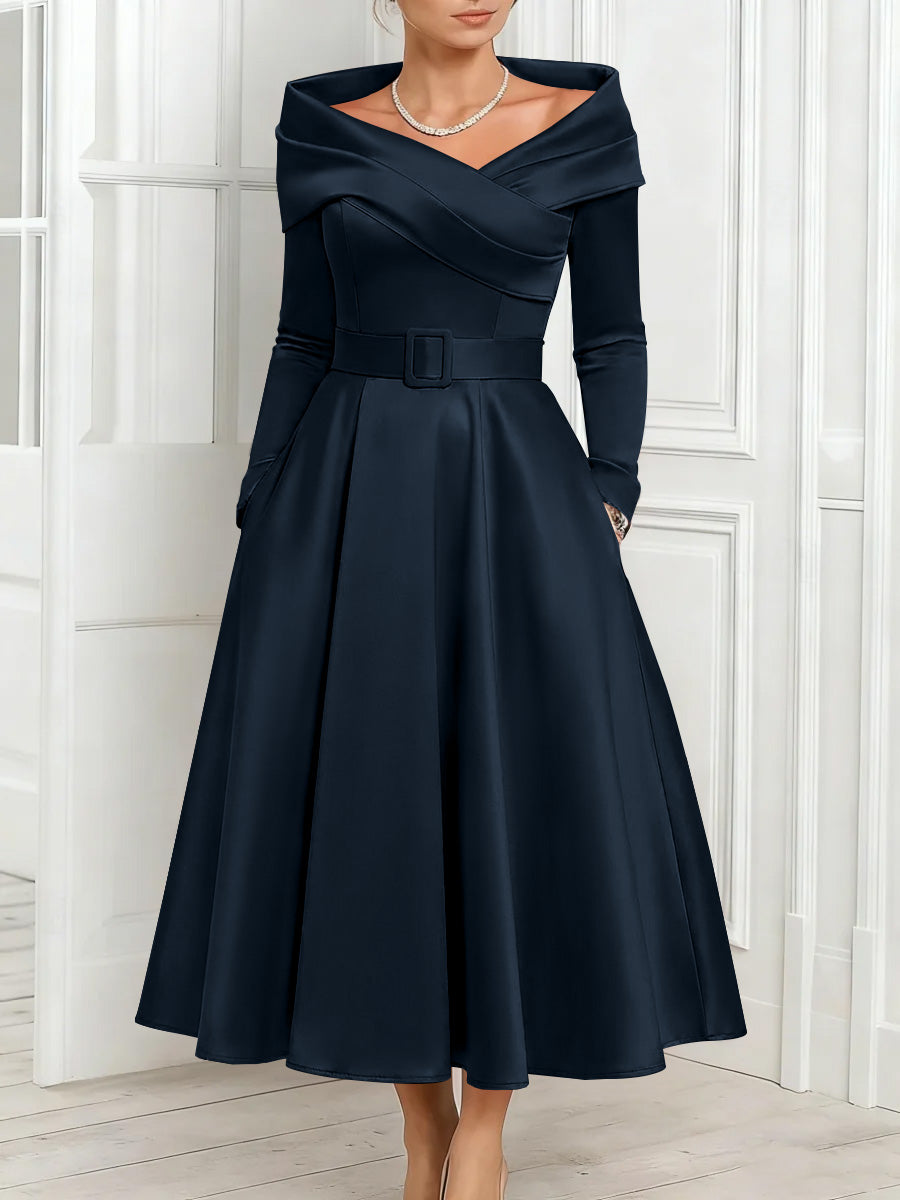 A-Line/Princess Off-the-Shoulder Mother of the Bride Dresses Stretch Satin Belt Ankle-Length Long Sleeves