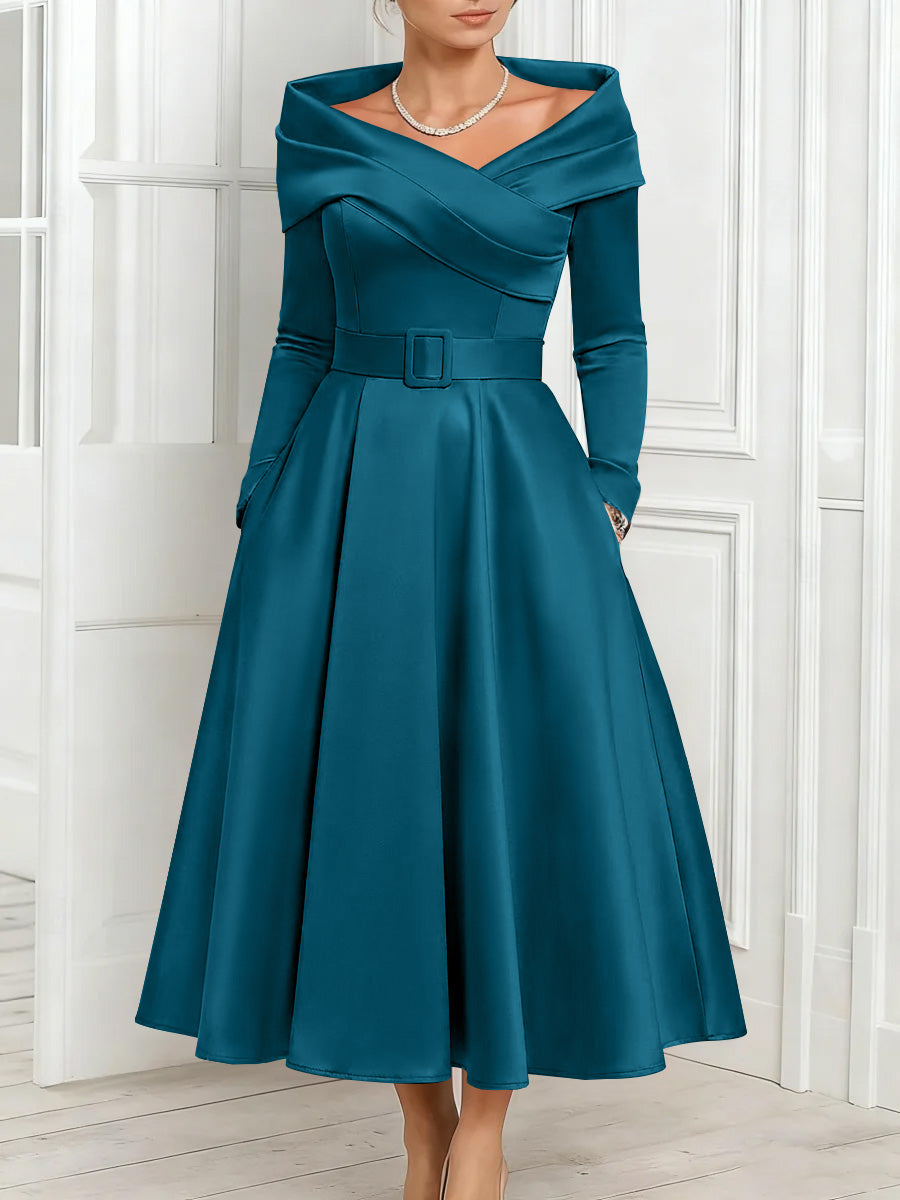 A-Line/Princess Off-the-Shoulder Mother of the Bride Dresses Stretch Satin Belt Ankle-Length Long Sleeves