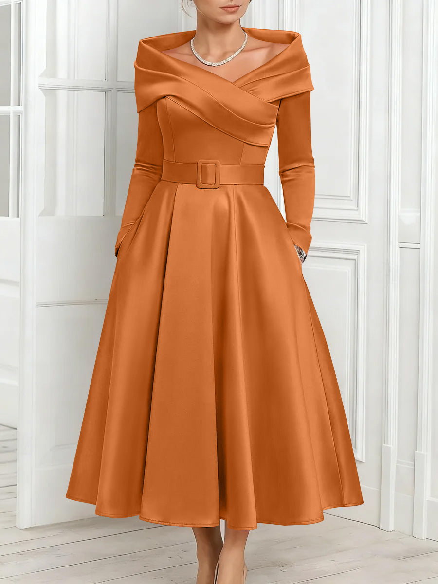 A-Line/Princess Off-the-Shoulder Mother of the Bride Dresses Stretch Satin Belt Ankle-Length Long Sleeves