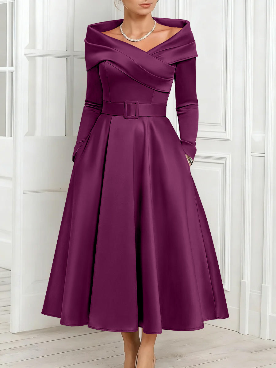A-Line/Princess Off-the-Shoulder Mother of the Bride Dresses Stretch Satin Belt Ankle-Length Long Sleeves