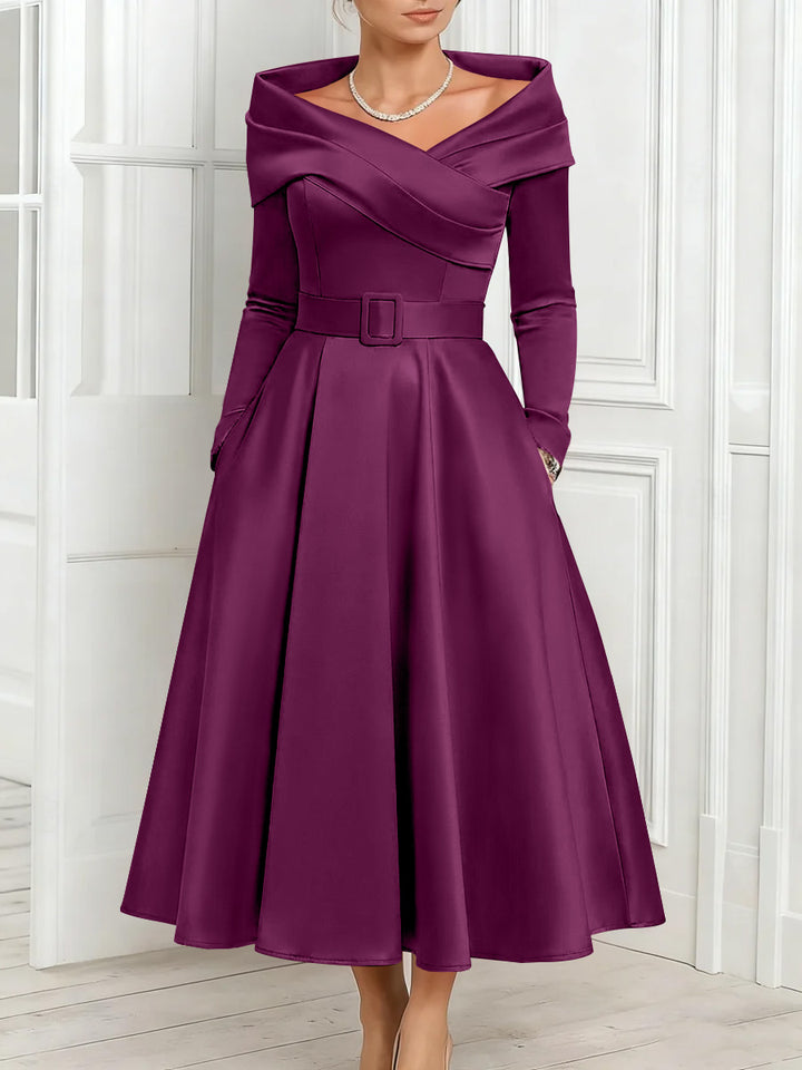 A-Line/Princess Off-the-Shoulder Mother of the Bride Dresses Stretch Satin Belt Ankle-Length Long Sleeves