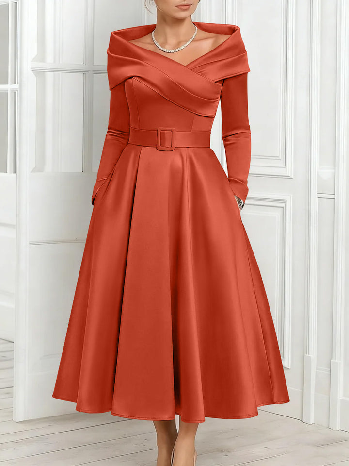 A-Line/Princess Off-the-Shoulder Mother of the Bride Dresses Stretch Satin Belt Ankle-Length Long Sleeves
