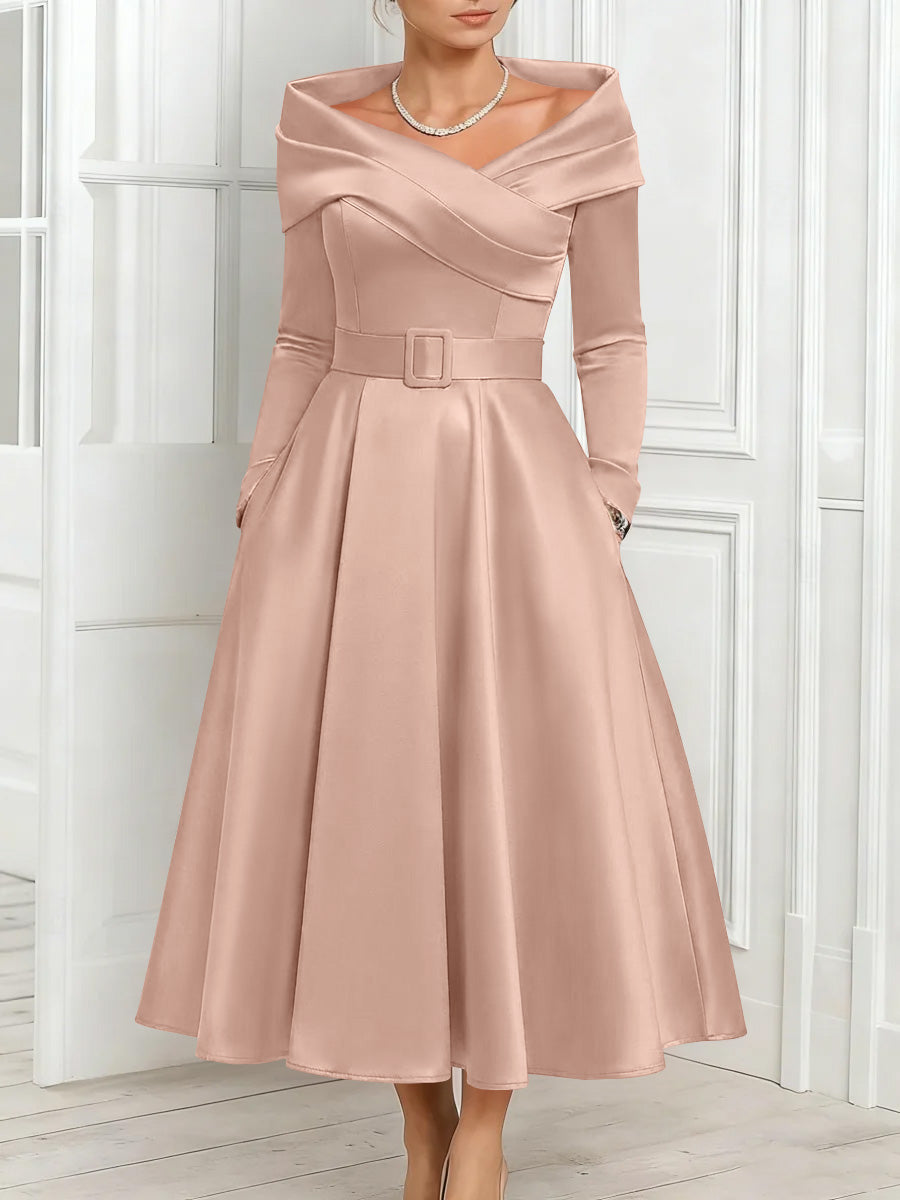 A-Line/Princess Off-the-Shoulder Mother of the Bride Dresses Stretch Satin Belt Ankle-Length Long Sleeves