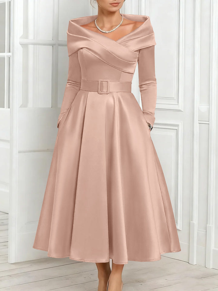 A-Line/Princess Off-the-Shoulder Mother of the Bride Dresses Stretch Satin Belt Ankle-Length Long Sleeves