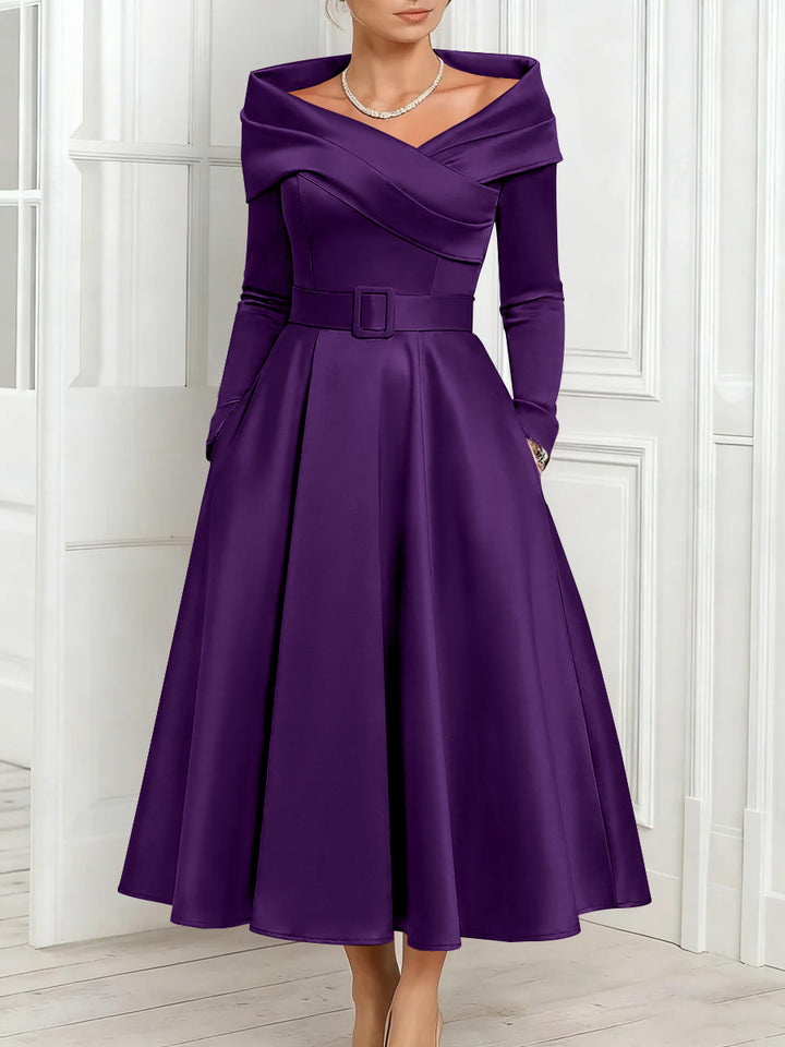 A-Line/Princess Off-the-Shoulder Mother of the Bride Dresses Stretch Satin Belt Ankle-Length Long Sleeves