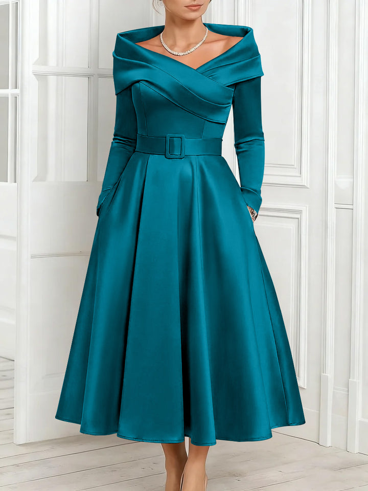 A-Line/Princess Off-the-Shoulder Mother of the Bride Dresses Stretch Satin Belt Ankle-Length Long Sleeves