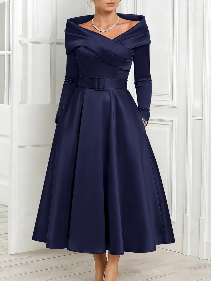 A-Line/Princess Off-the-Shoulder Mother of the Bride Dresses Stretch Satin Belt Ankle-Length Long Sleeves