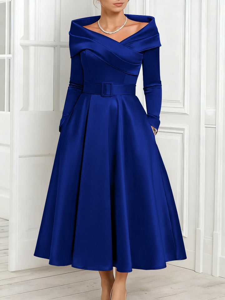 A-Line/Princess Off-the-Shoulder Mother of the Bride Dresses Stretch Satin Belt Ankle-Length Long Sleeves