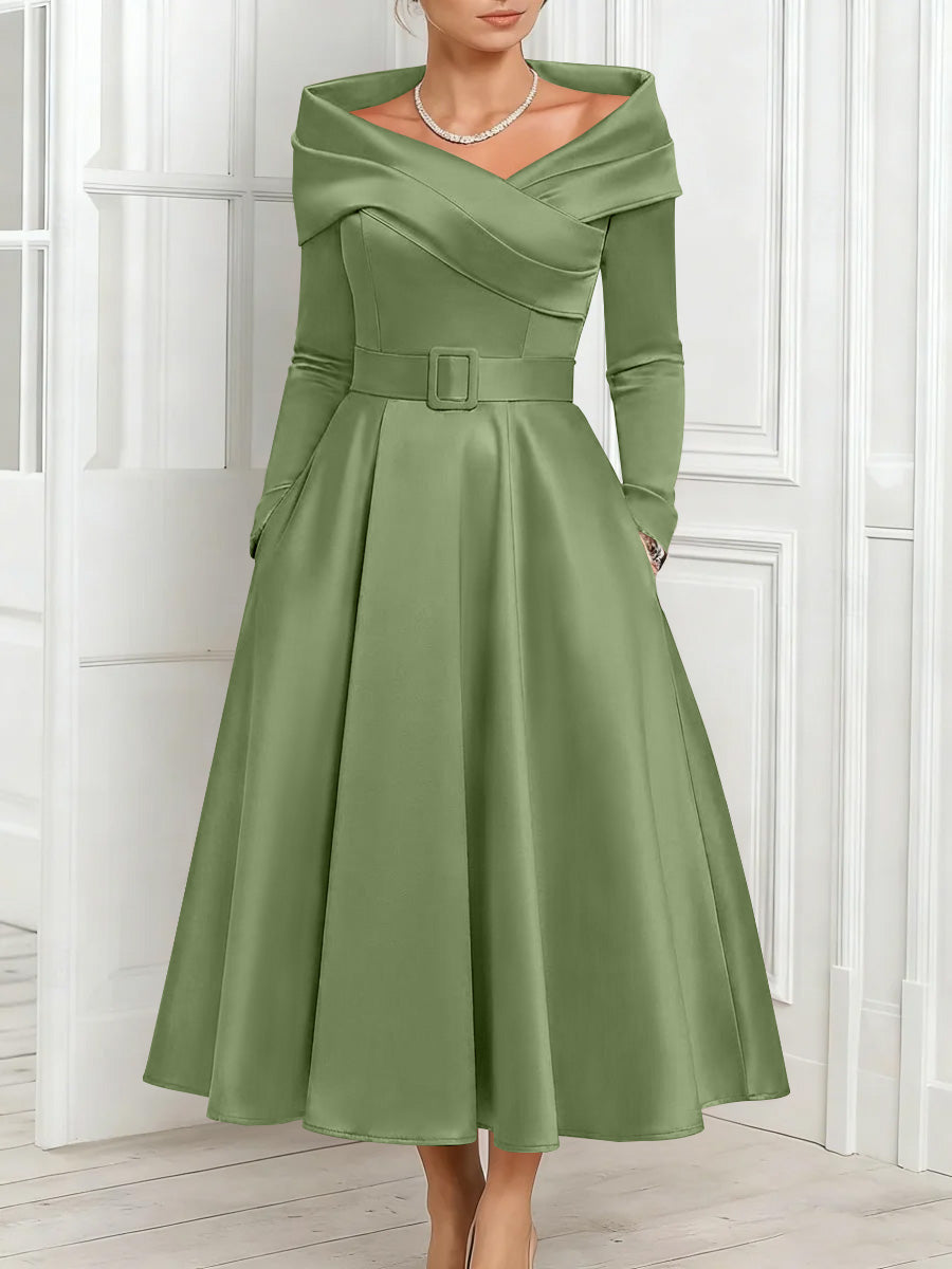 A-Line/Princess Off-the-Shoulder Mother of the Bride Dresses Stretch Satin Belt Ankle-Length Long Sleeves