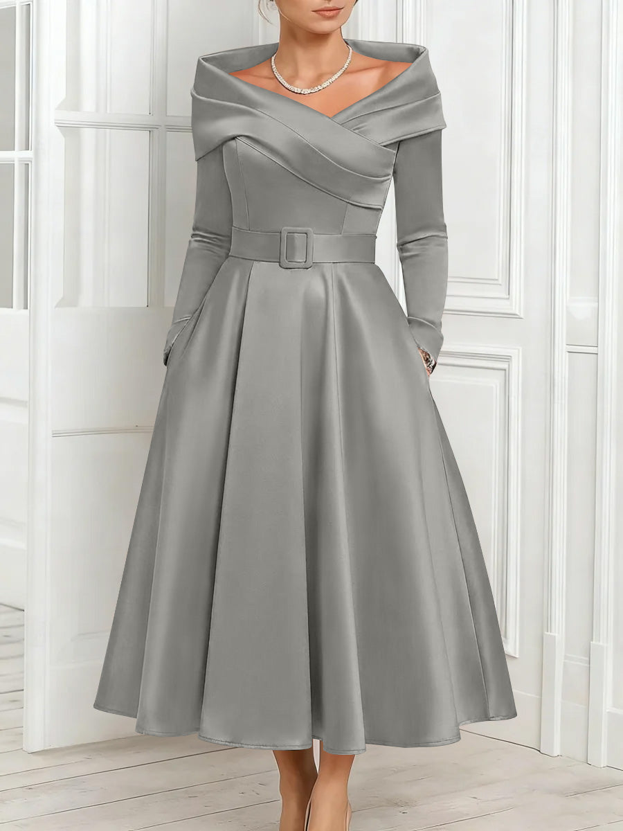 A-Line/Princess Off-the-Shoulder Mother of the Bride Dresses Stretch Satin Belt Ankle-Length Long Sleeves