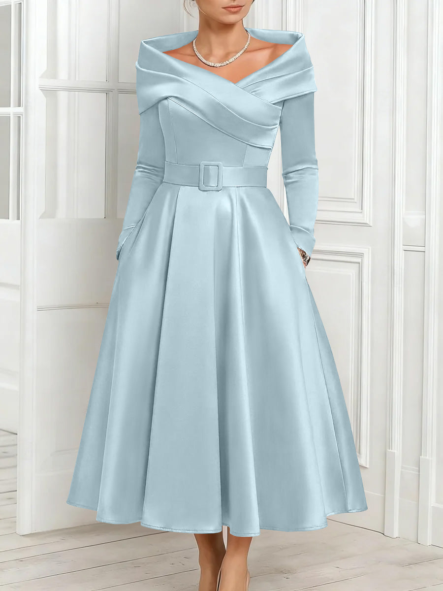 A-Line/Princess Off-the-Shoulder Mother of the Bride Dresses Stretch Satin Belt Ankle-Length Long Sleeves