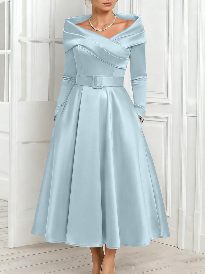 A-Line/Princess Off-the-Shoulder Mother of the Bride Dresses Stretch Satin Belt Ankle-Length Long Sleeves