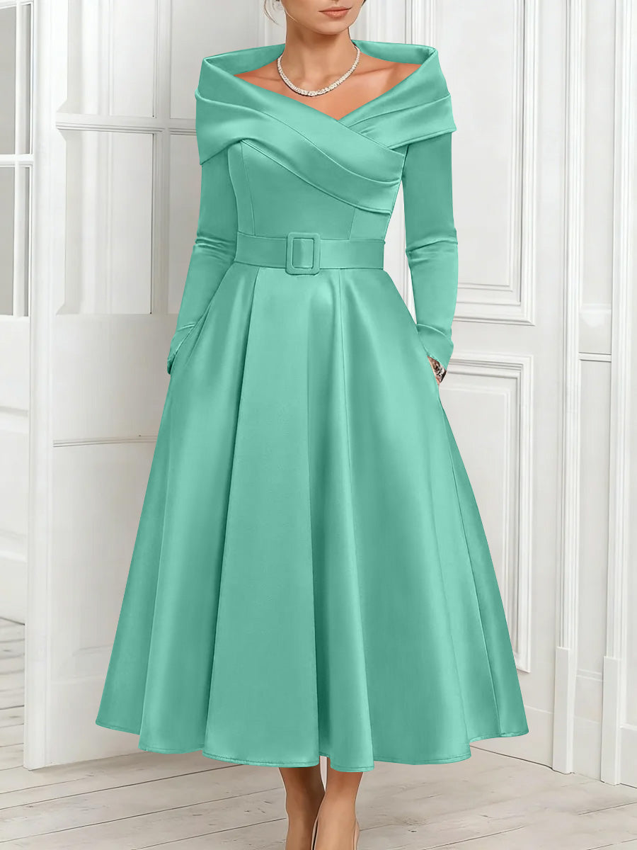 A-Line/Princess Off-the-Shoulder Mother of the Bride Dresses Stretch Satin Belt Ankle-Length Long Sleeves