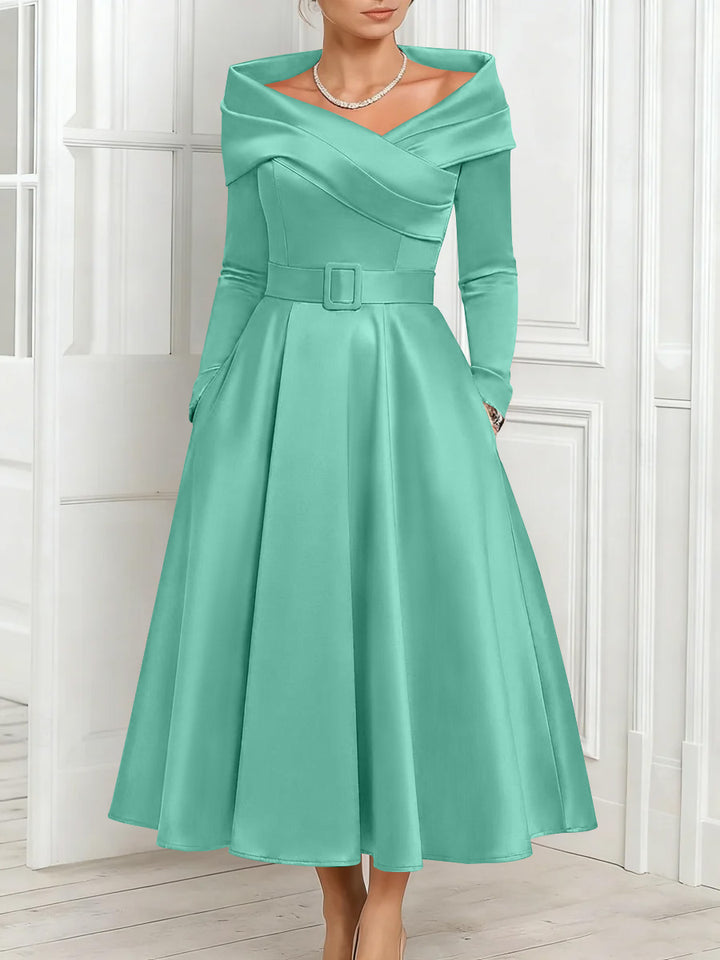 A-Line/Princess Off-the-Shoulder Mother of the Bride Dresses Stretch Satin Belt Ankle-Length Long Sleeves
