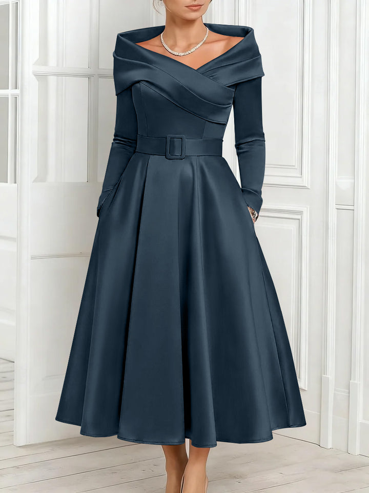 A-Line/Princess Off-the-Shoulder Mother of the Bride Dresses Stretch Satin Belt Ankle-Length Long Sleeves