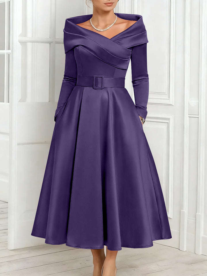 A-Line/Princess Off-the-Shoulder Mother of the Bride Dresses Stretch Satin Belt Ankle-Length Long Sleeves