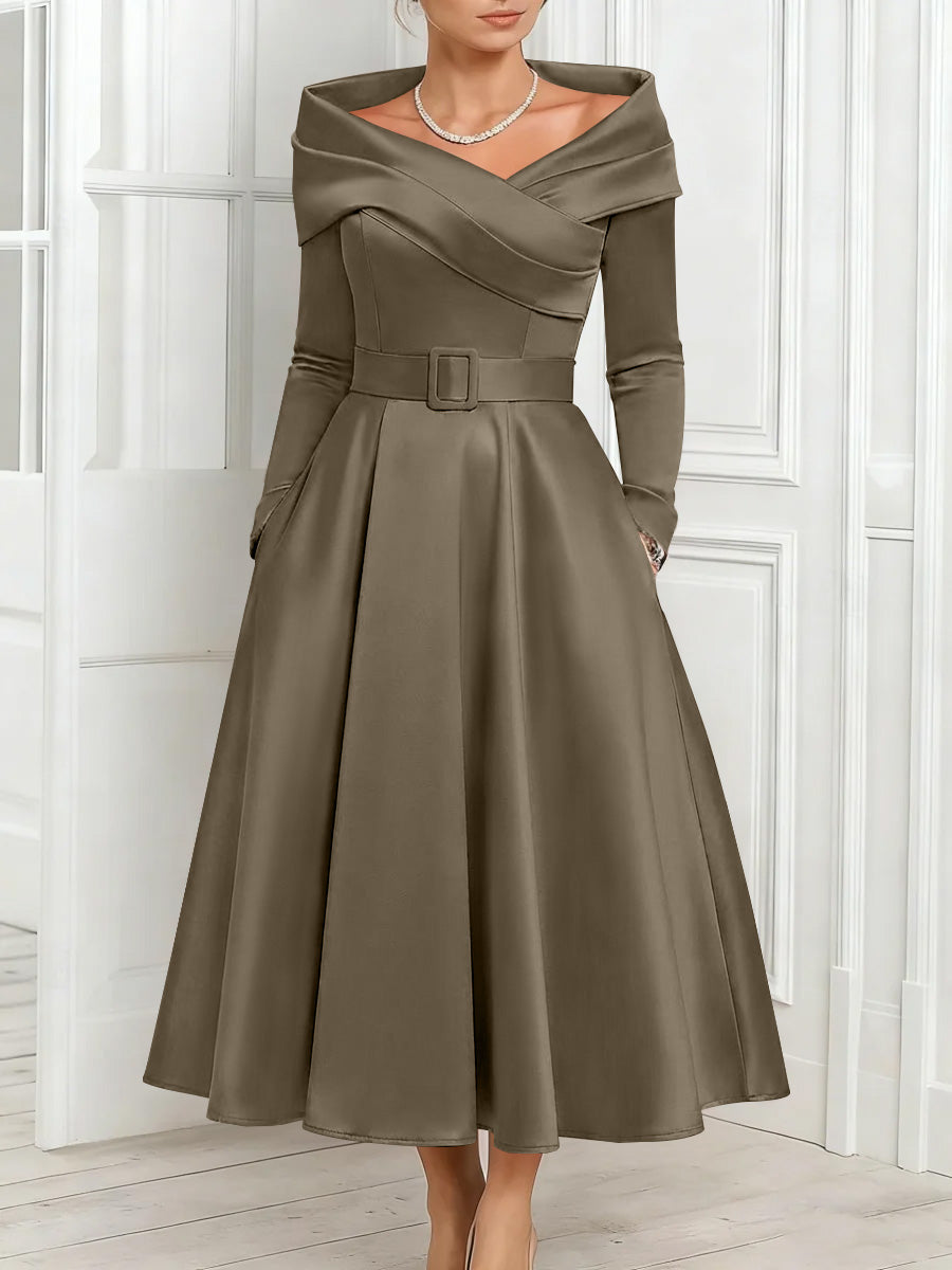 A-Line/Princess Off-the-Shoulder Mother of the Bride Dresses Stretch Satin Belt Ankle-Length Long Sleeves