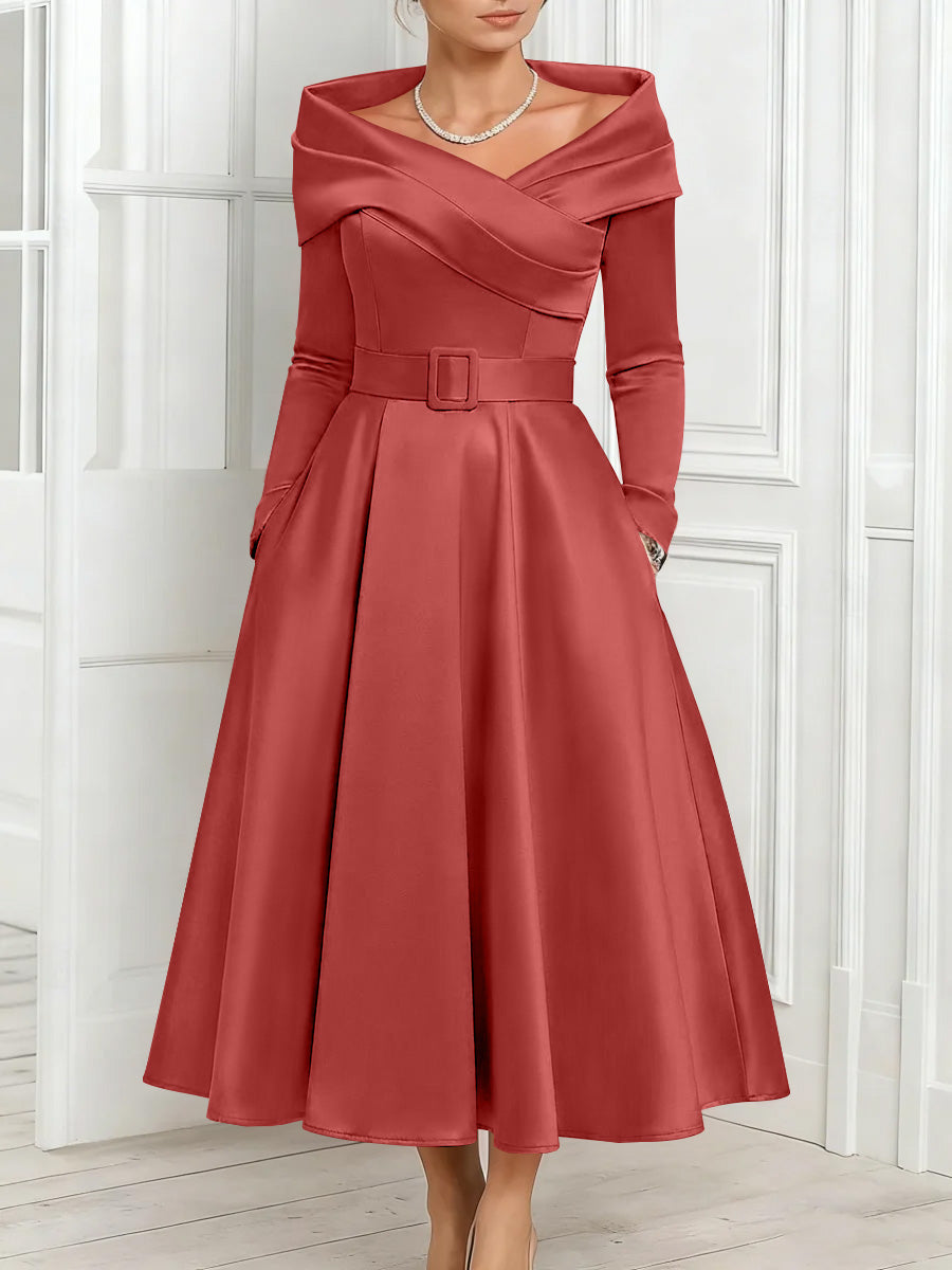 A-Line/Princess Off-the-Shoulder Mother of the Bride Dresses Stretch Satin Belt Ankle-Length Long Sleeves Dark Royal Blue A-Line/Princess Off-the-Shoulder Mother of the Bride Dresses Stretch Satin Belt Ankle-Length Long Sleeves Dark Royal Blue