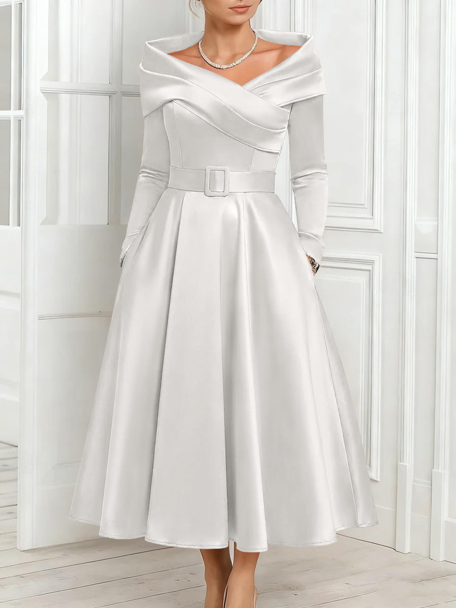 A-Line/Princess Off-the-Shoulder Mother of the Bride Dresses Stretch Satin Belt Ankle-Length Long Sleeves
