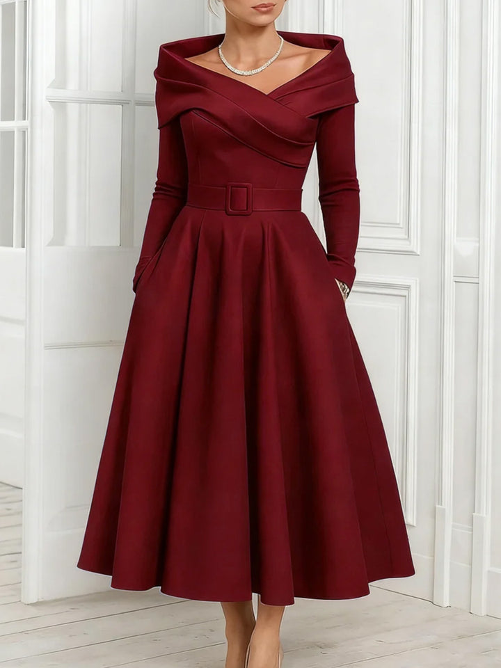 A-Line/Princess Off-the-Shoulder Mother of the Bride Dresses Stretch Satin Belt Ankle-Length Long Sleeves