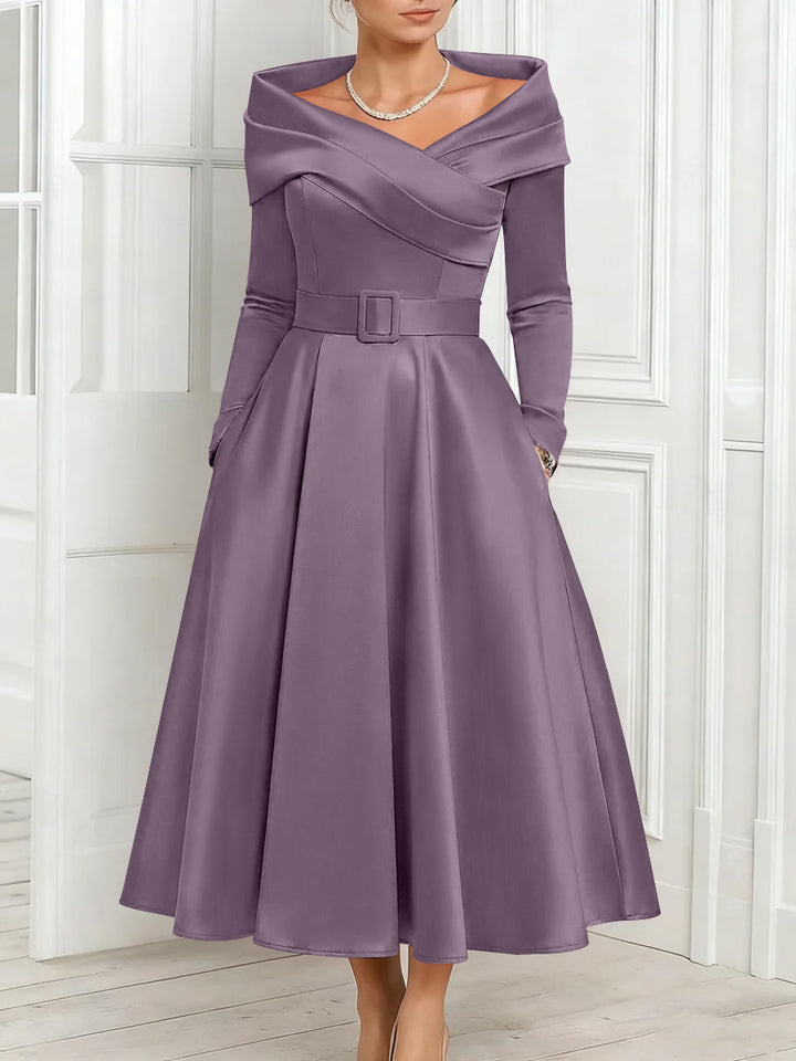 A-Line/Princess Off-the-Shoulder Mother of the Bride Dresses Stretch Satin Belt Ankle-Length Long Sleeves