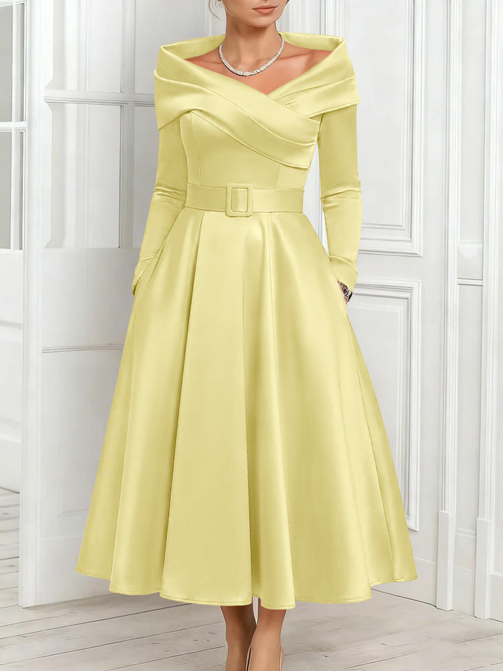 A-Line/Princess Off-the-Shoulder Mother of the Bride Dresses Stretch Satin Belt Ankle-Length Long Sleeves