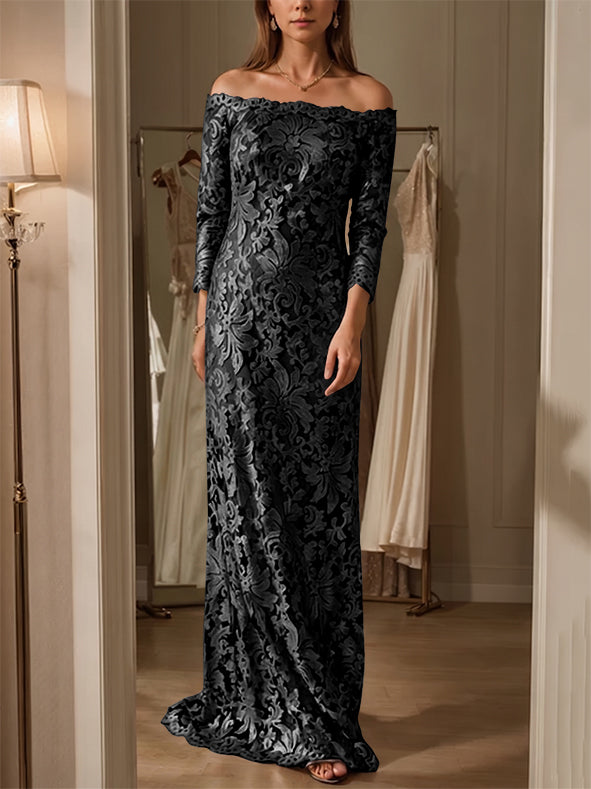 Sheath/Column Off-the-Shoulder Lace Mother of the Bride Dresses 3/4 Sleeves Floor-Length
