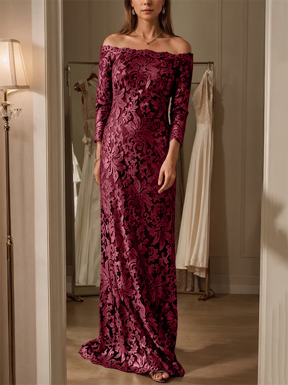 Sheath/Column Off-the-Shoulder Lace Mother of the Bride Dresses 3/4 Sleeves Floor-Length